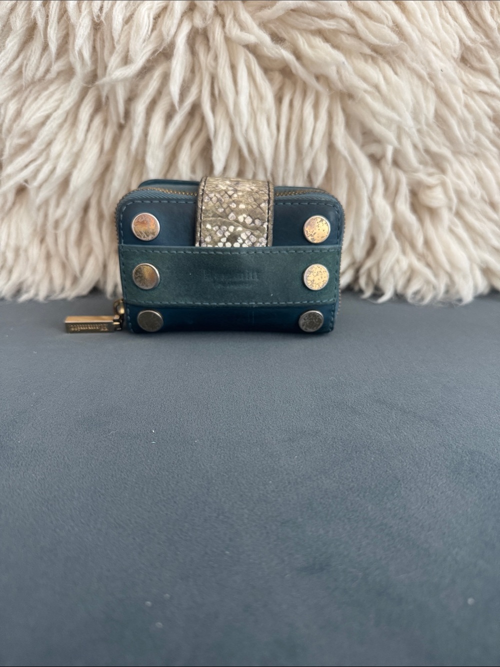 Leather Card Holder Wallet in Teal with Gold Accents